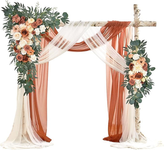 Ting's time Artificial Wedding Arch Flowers Kit(Pack of 4) - 2pcs Large Artificial Flower Swag with 2pcs Draping Fabric for Wedding Party Ceremony Decoration(Terracotta& Cream White)