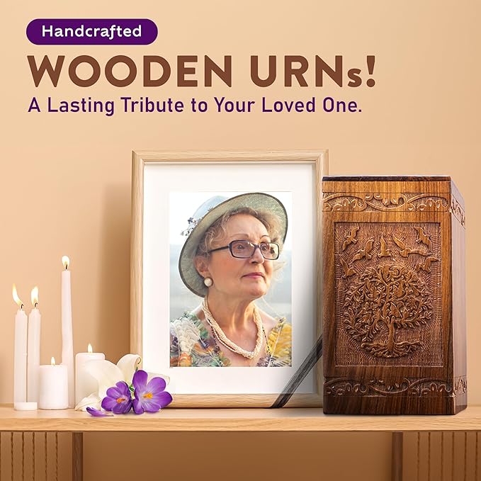 INTAJ Tree of Life Wooden Urn for Human Ashes, 115lbs Capacity, Suitable for Burial for Men, Women, Mom, Dad - Mini Rosewood Keepsake Cremation Urn for Ashes Handcrafted - Wooden Carved Box