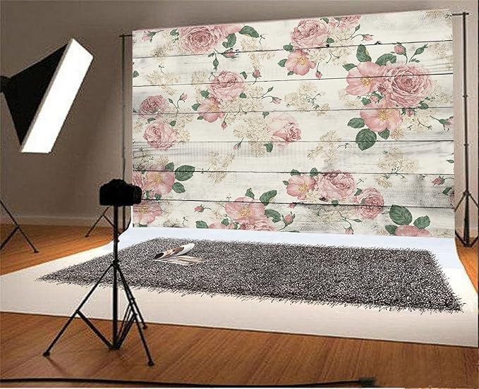 AOFOTO 12x8ft Vintage Wood Plank with Rose Floral Photography Backdrop Retro Pink Roses on Wooden Board Rustic Wedding Background Lady Woman Artistic Portrait Valentine's Day Photoshoot Studio Props