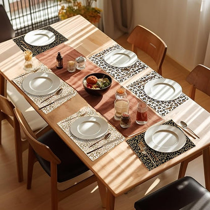 Gold Black Leopard Placemats Set of 6,Washable Heat Resistant 12×18 Inch Linen Table Mats White Gold Place Mats for Party Outdoor Dining Décor