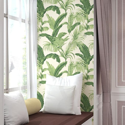 Leaf Wallpaper Peel and Stick, Beige Green Botanical Contact Paper, Tropical Palm Leaves Wall Paper Self Adhesive Waterproof Removable for Room Shelves Cabinet Drawer Table 17.5" x 118"