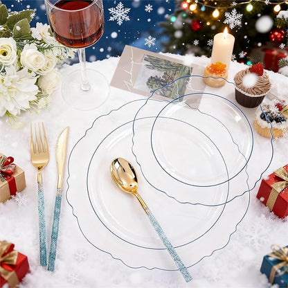 Liacere 150PCS Clear and Blue Plastic Plates-Clear and Blue Disposable Plates with Glitter Bamboo Handle Cutlery-60 Baroque Elegant Plates, 30 Forks, 30 Spoons, 30 Knives for Wedding＆Christmas