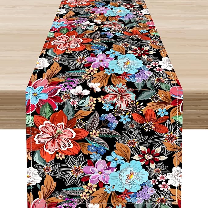 Floral Table Runner, Vintage Colorful Flower Bohemian Floral Print Table Center Decor for Family Kitchen Table Decorations Indoor Outdoor 13x36 inch