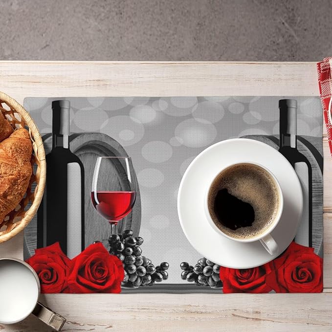 Wine Linen Table Placemats Set of 4 Red Rose Wine Barrel Print Placemat Indoor Outdoor Party Home Desktop Kitchen Dining Room Decoration 12x18 Inch