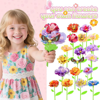 Nicella DIY Fabric Flower Bouquet Toy Accessories – Creative Flower Market & Arts & Crafts Add-On Kits for Kids (Makes 33 Flowers & 3 Butterflies, 36 Pieces Total)