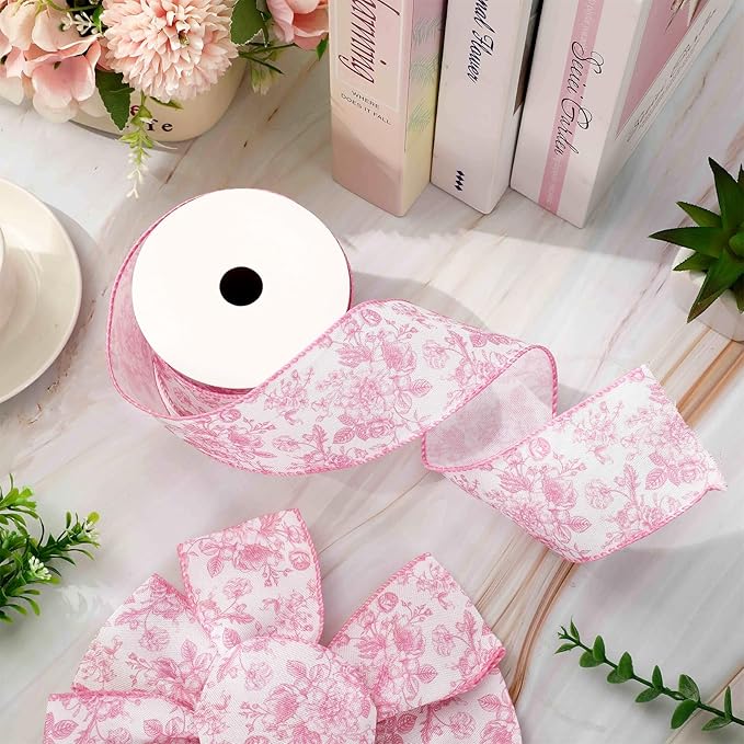 Floral Wired Edge Ribbon Roll Pink Flower Ribbon Chinoiserie Fabric Ribbon for Wreath Bow Making DIY Crafts Gift Wrapping, 12 Yard