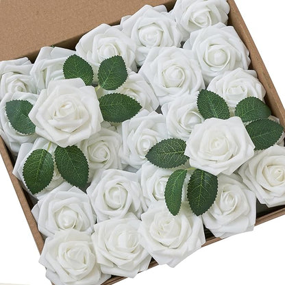 Artificial Flowers, 100pcs Artificial Rose for DIY Wedding Bouquets Centerpieces Arrangements, White Foam Rose with Stem for Bridal Shower Party Home Decorations