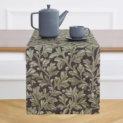 Solino Home 100% Pure Linen Table Runner 108 Inches Long - Floral Print Green and Brown Table Runner 14 x 108 Inch - Handcrafted and Machine Washable - Fallen Leaves Print