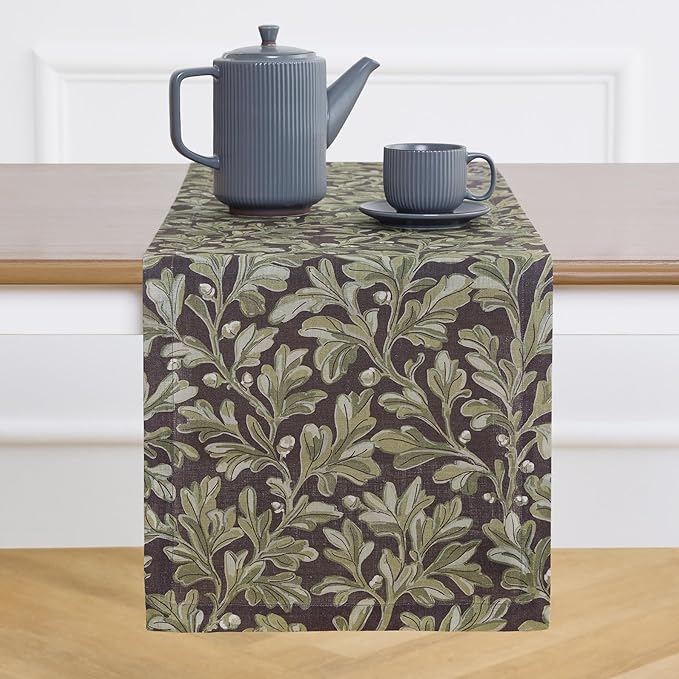 Solino Home 100% Pure Linen Table Runner 90 Inches Long - Floral Print Green and Brown Table Runner 14 x 90 Inch - Handcrafted and Machine Washable - Fallen Leaves Print