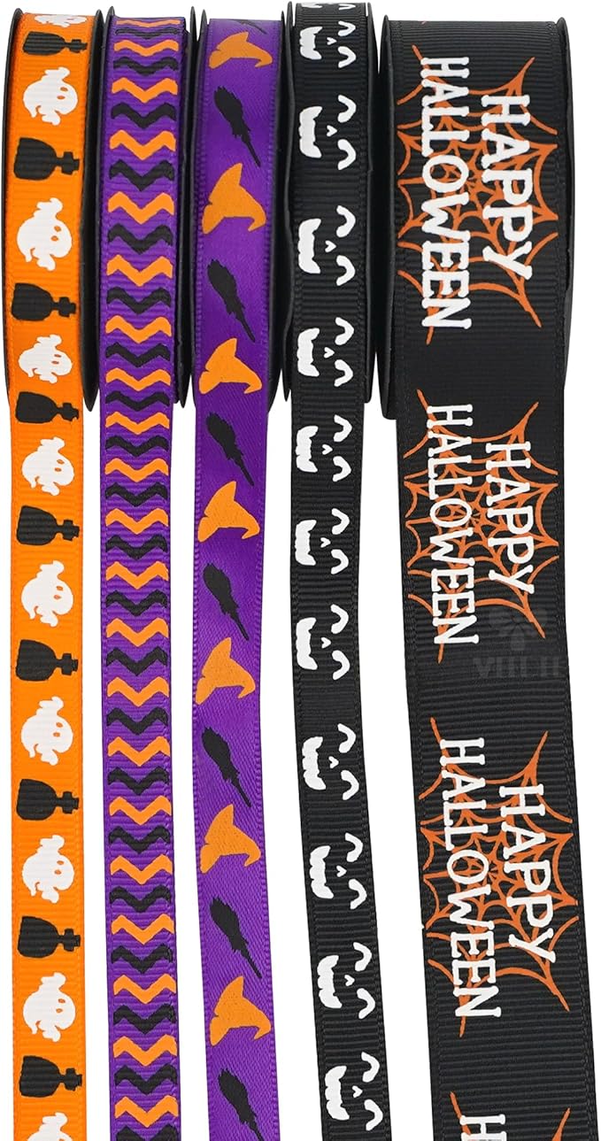 MEEDEE 3/8 inch 1 inch Halloween Ribbon Set Spooky October Ribbon Assortment 5 Rolls 10 Yards Halloween Crafts, Fall Gift Wrap, Party Decorations, Autumn Wreaths, Trim Bundle, Wreath Bow Supplies