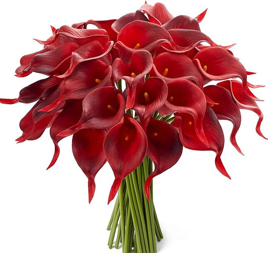 24 Pcs Artificial Calla Lily Flowers Fake Silk Flowers Real Touch for Halloween Wedding Bouquet Office Home Kitchen Decor (Burgundy)