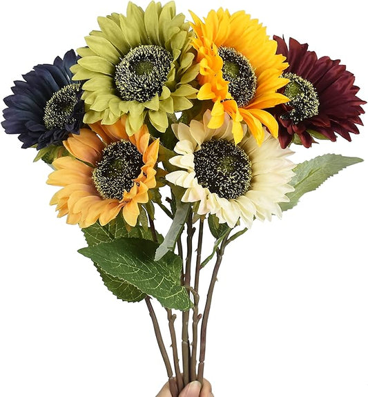 Multicolor Artificial Sunflower Flowers Long Stem Large Silk Sunflowers Bridal Wedding Bouquet 6pcs Fake Yellow Flower Arrangements for Outdoor