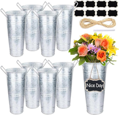 8 Set Galvanized Flower Buckets, 10 Inch Metal Vases for Flowers Rustic Flower Bucket Farmhouse Flower Bucket Vases with Small Chalkboard Label Flower Bar Supplies Rustic Vases for Home Garden Wedding