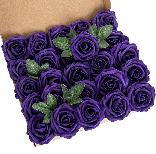 25pcs Artificial Flower Foam Rose Real Touch Roses Flower Heads with Stem for DIY Wedding Bouquets Centerpieces Arrangements Party Baby Shower Home Decor (Purple)