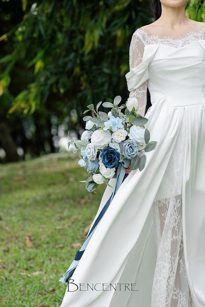 14 Inch Navy Blue Bridal Bouquet,Dusty Blue Wedding Bouquet,Bride Bouquets for Wedding Ceremony Anniversary, Party and French Rustic Vintage Wedding,Artificial Flowers…