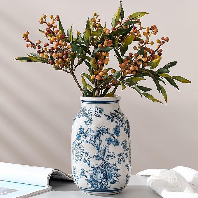 SIDUCAL Blue and White Vintage Vase, 9.4 Inch Ceramic Chinoiserie Floral Vase, Retro Ice Cracked Blue and White Porcelain for Home Decor Centerpieces, Living Room, Bookshelf, Office