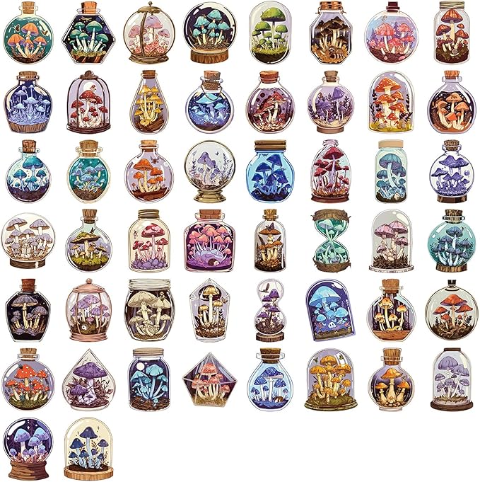 50 Pcs Vintage Mushroom Jar Stickers, Transparent Cartoon Aesthetic Stickers, Waterproof PET Vinyl Decals for Scrapbooking, Journaling, Laptop, Water Bottle, Phone Case Decoration