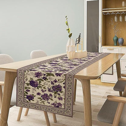 Vintage Floral Table Runner, Elegant Purple Flowers Retro Design Table Runner for Kitchen Dining Holiday Party Decoration, 13x36 Inch