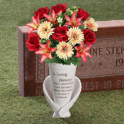 Hollyone Set of 2 Artificial Cemetery Flower for Graves Red Cemetery Memorial Flowers for Outdoor Grave Decorations Silk Flower Arrangements Rose Lily Gerbera Floral Flowers Bouquets