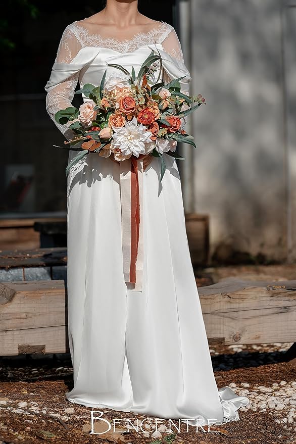 14 Inch Terracotta Bridal Bouquet, Fall Wedding, Bride Bouquets for Ceremony & Anniversary, French Rustic Vintage Style, Artificial Flowers