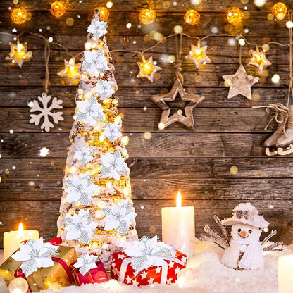 WILLBOND 36 Pieces White Christmas Poinsettia Glitter Faux Flowers Artificial Flowers Tree Ornaments Topper Xmas Decorations