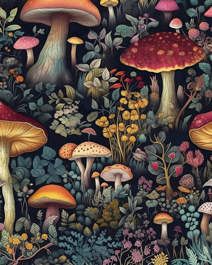 Wallpaper Peel and Stick Vintage Mushroom Contact Paper Floral Wall Paper for Shelf Liner Cabinet Bedroom Removable Waterproof Black Colorful 17.5 x 393.5In