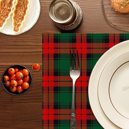 Christmas Plaid Placemats Set of 6,Washable Heat Resistant 12×18 Inch Linen Table Mats Green Red Place Mats for Party Outdoor Dining Décor