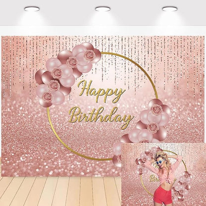 Pink Rose Gold Happy Birthday Backdrop Glitter Rose Gold Floral Balloon Bokeh Photography Background Girls Lady Sweet 16th 21th 30th Birthday Party Cake Table Photo Props 8x6FT