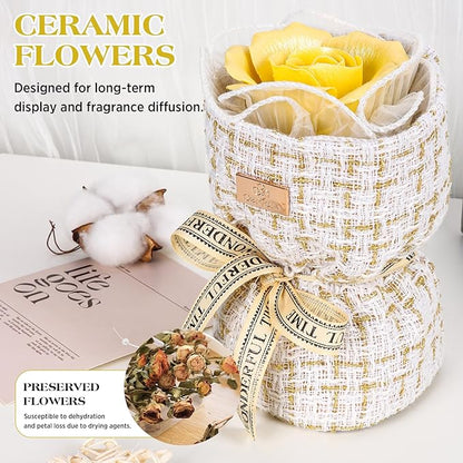 Eternal Love Ceramic Flower Bouquet - Handmade Yellow Ceramic Blossoms with Fragrance, The Perfect Luxury Gift Box for Her Anniversary/Birthday/Mother’s Day/Christmas, Includes Greeting Card