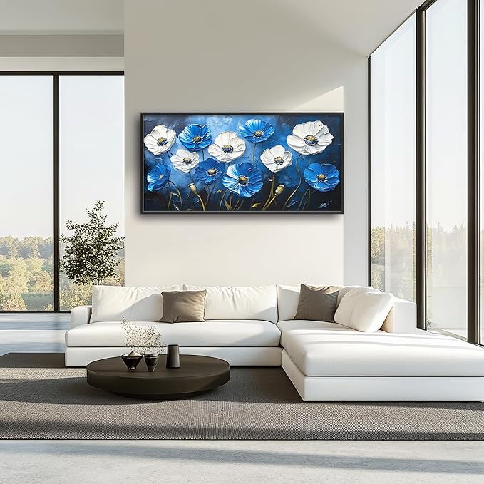 Poppy Large Wall Art Framed Blue Flower Wall Decor for Living Room, Poppies Pictures Oversized Canvas Print Painting Modern Extra Large Framed Artwork for Bedroom Office Home Decor 60"x30"