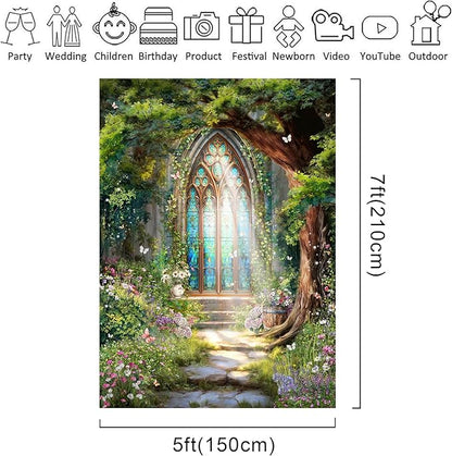 Riyidecor Fairy Forest Backdrop Polyester Fabric Green Enchanted Garden Wonderland Butterfly Flower Magic Stained Glass 5Wx7H Feet Photography Background Birthday Baby Shower Photo Studio Shoot