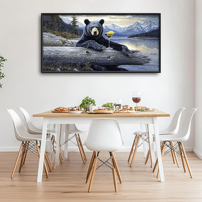 Forest Bear Large Decor Framed Wall Art Mountain Lake Cabin Pictures for Living Room, Black Bear Oversized Canvas Print Painting Modern Extra Large Framed Artwork for Bedroom Office 60"x30"