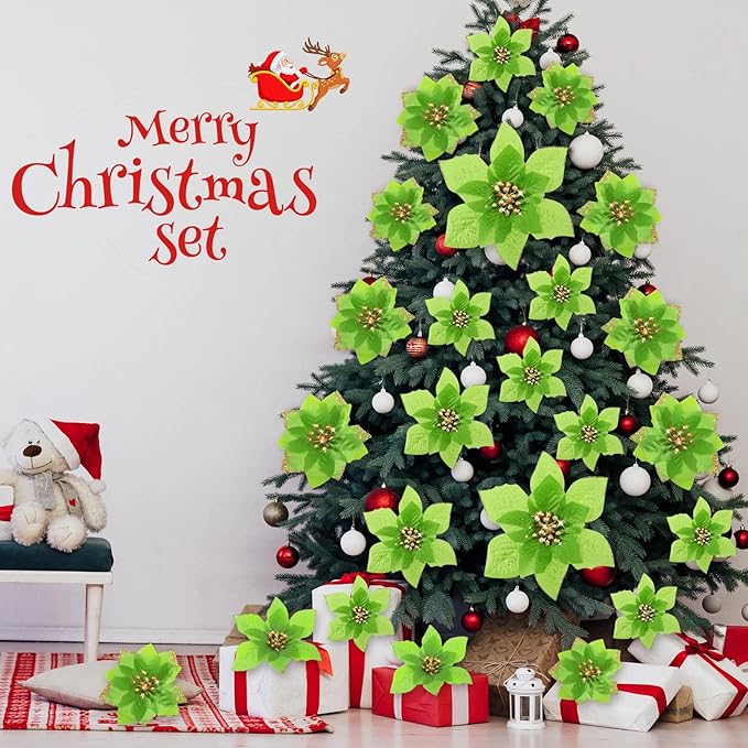 WILLBOND 24 Pcs 3 Size Poinsettia Flower Artificial Christmas Decor Glitter Poinsettia Christmas Ornaments Faux Flowers for Xmas Tree Outdoor(4/6/7.9 Inches,Green)