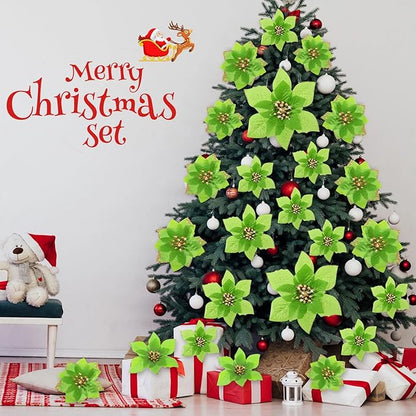 WILLBOND 24 Pcs 3 Size Poinsettia Flower Artificial Christmas Decor Glitter Poinsettia Christmas Ornaments Faux Flowers for Xmas Tree Outdoor(4/6/7.9 Inches,Green)