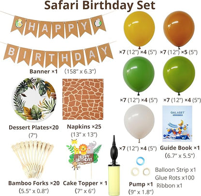 127 PCS Safari Birthday Decorations – Includes Safari Balloon Arch Kit, Pump, Cake Topper, Plates, Napkins, Bamboo Forks, and Banner – Animal Birthday Party Decorations for Boys, Girls, Serves 20