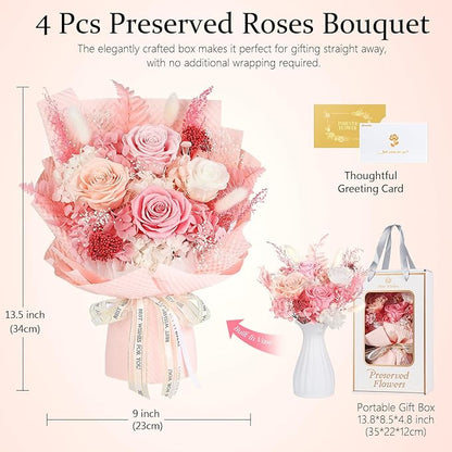 Preserved Flowers Bouquet 4 Roses - Pink Roses & Flowers for Delivery, Long-Lasting Real Roses Forever, Eternal Roses Bouquet for Mothers, Mom, Wife Anniversary Birthday Gifts for Women