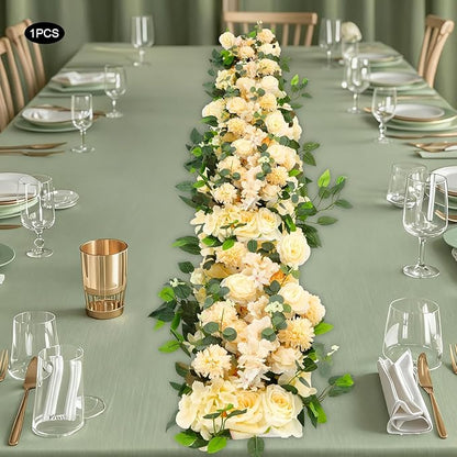 Eapmic Artificial Flower Row, 39.37in Peony Hydrangea Floral Arrangement, Faux Flower Panel Table Centerpiece for Wedding Arch Wall Backdrop Ceremony Reception Home Party Decoration (Champagne)