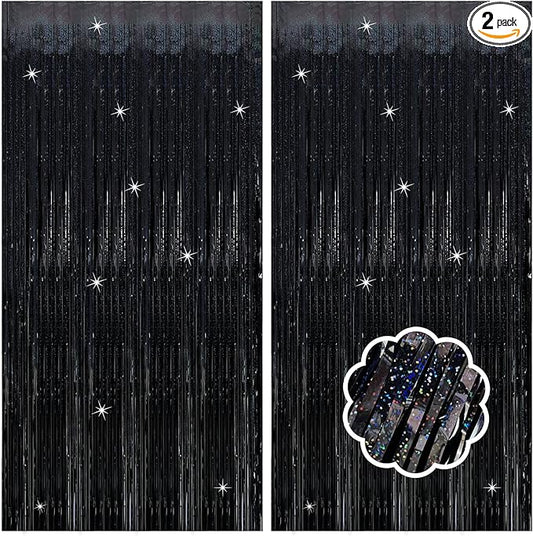 2 Pack Black Streamers Birthday Decorations Tinsel Backdrop Black Foil Fringe Curtain Halloween Party Decorations Wednesday Graduation Wizard Party Decor