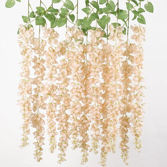 mizii 6Pcs Beige Wisteria Hanging Flowers 48" Silk Wisteria Artificial Flowers Garland Vines Fake Hanging Flowers Decoration for Wedding Flower Wall Backdrop Centerpieces Party Room Decor (Beige)