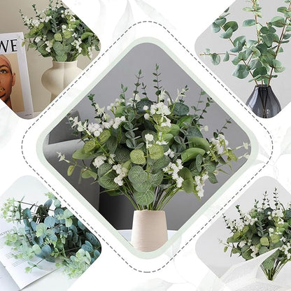 Artificial Eucalyptus Leaves Stems 120 Pcs 4 Kinds Mixed Fake Silver Dollar Eucalyptus Leaves Stem with Babysbreath Bulk Faux Leaf for DIY Bouquets Floral Arrangement Wedding Home Decor