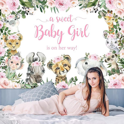 Mocsicka Girl Safari Baby Shower Backdrop Jungle Animals Sweet Baby Girl Background Pink Floral Greenery Baby Shower Party Cake Table Decoration Photo Booth Props (7x5ft)