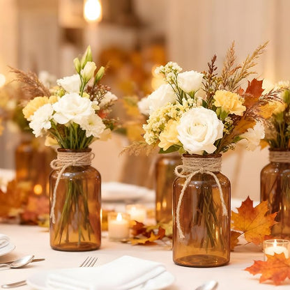 Vintage Glass Flower Vase，3 Pack Farmhouse Amber Glass Centerpiece Vases Mason Jars for Weddings, Parties & Home Decor Bulk (3, Amber)