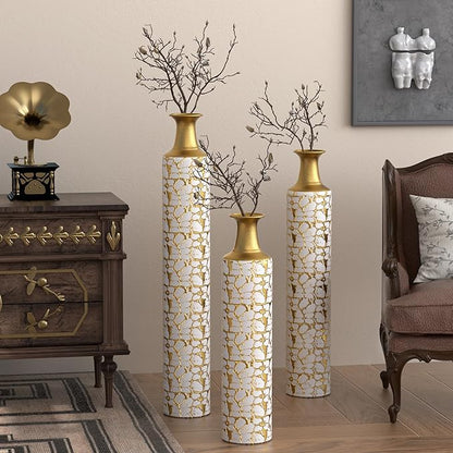 Floor Vases, Tall Home Decor Metal Vase Set of 3 Large Glazed Decorative Vases for Wedding Decor, Elegant Modern Flower Holder for Living Room, Entryway, Hallway, Dining Room