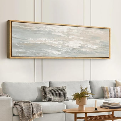 SIGNFORD Large Framed Canvas Print Wall Art Ocean Waves Minimalist Coastal Seascape in Soft Neutral Tones Illustrations Modern Art Relax/Calm Warm for Living Room, Bedroom, Office - 60"x20"