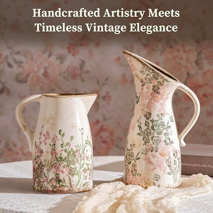 Vintage Ceramic Pitcher Vase with Handle, Farmhouse Green and Pink Large Floral Vases, Chinoiserie Decorative Vase, Rustic Table Centerpiece for Home Decor Living Room, Bookshelf, Office 10.5 Inch