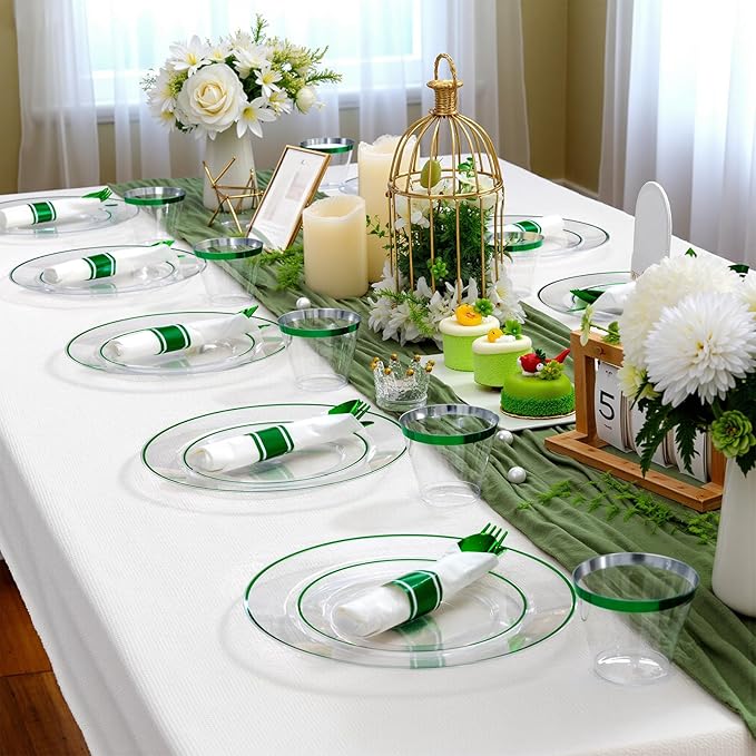 SUT 175 Pcs Green and Clear Plastic Dinnerware Set for 25 Guests, Include: 25 Dinner Plates, 25 Dessert Plates, 25 Pre Rolled Napkins With Silverware, 25 Cups, Disposable Plates for Party, Christmas