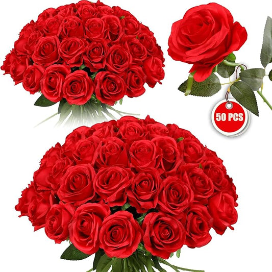 50PCS Artificial Silk Roses Flowers – Realistic Fake Roses in Bulk & Bouquet Long Stem Red Rose for Wedding Centerpieces, Home Decor, Floral Arrangements, Party Decoration (Red)