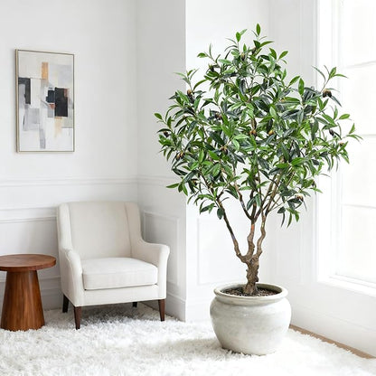 Olive Tree 7.5ft New Large Fruit, New Large Leaves - Artificial Tree, Fake Tree & Faux Tree with Sturdy Base for Indoor Outdoor Office Decor