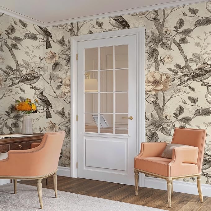 Vintage Animal Peel and Stick Contact Paper Beige Bird Removable Botanical Leaf Tree Wallpaper 17.7" x 118.11" Wall Paper Watercolor Self Adhesive for Classroom Bedroom Laundry Room Bathroom