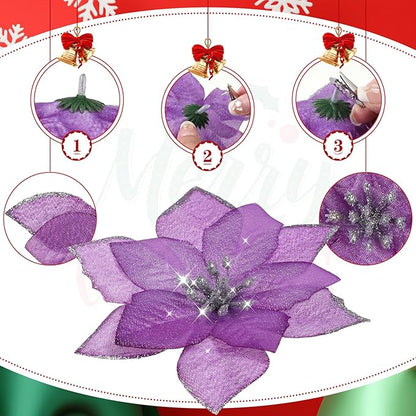 WILLBOND 24 Pcs 3 Size Poinsettia Flower Artificial Christmas Decor Glitter Poinsettia Christmas Ornaments Faux Flowers for Xmas Tree Outdoor(3.2/4/6 Inches,Purple)